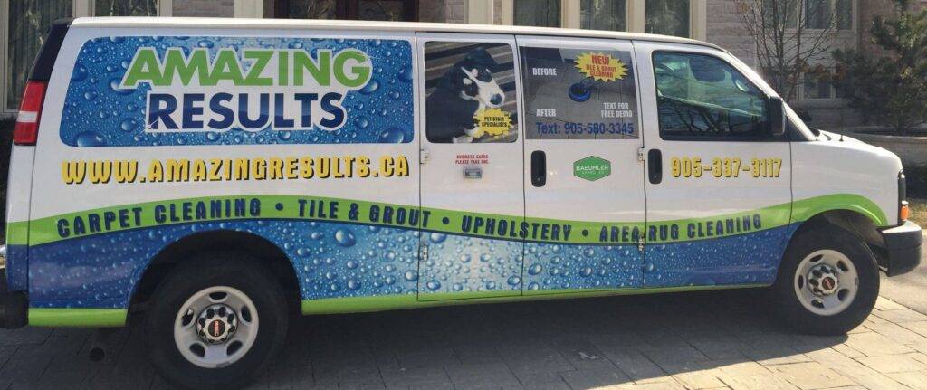 Amazing Results professional carpet cleaning van that is branded with contact information and cleaning services available to residents of Burlington, Oakville & The GTA.