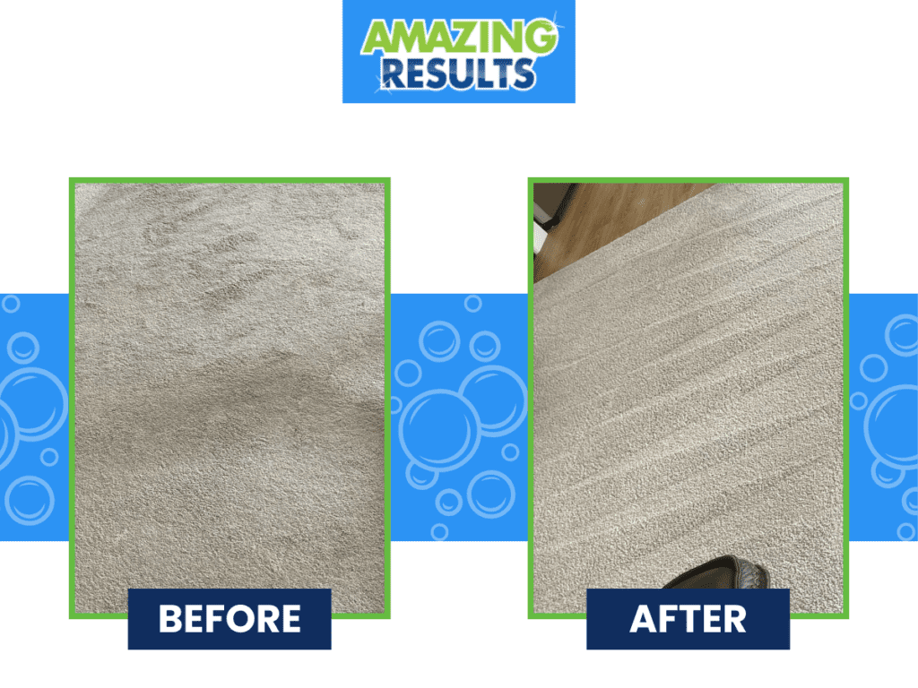 Before and after carpet cleaning examples from an Oakville home that used Amazing Results professional carpet cleaning services.
