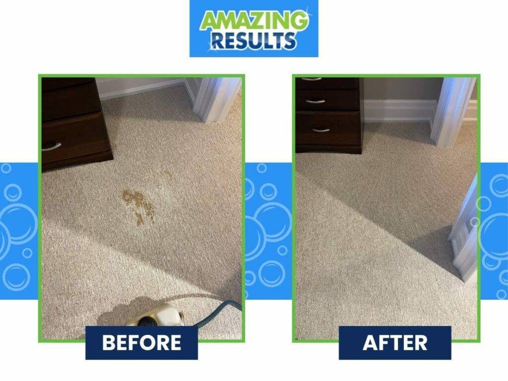 Before and after branded image for Amazing Results showing a bedroom carpet with a pet urine stain in the before image and the after image steam cleaned with no stain.