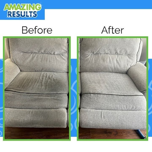 Image on left side is of a reclining sofa before Amazing Results did a professional steam cleaning, and the image on the right is after the professional cleaning.