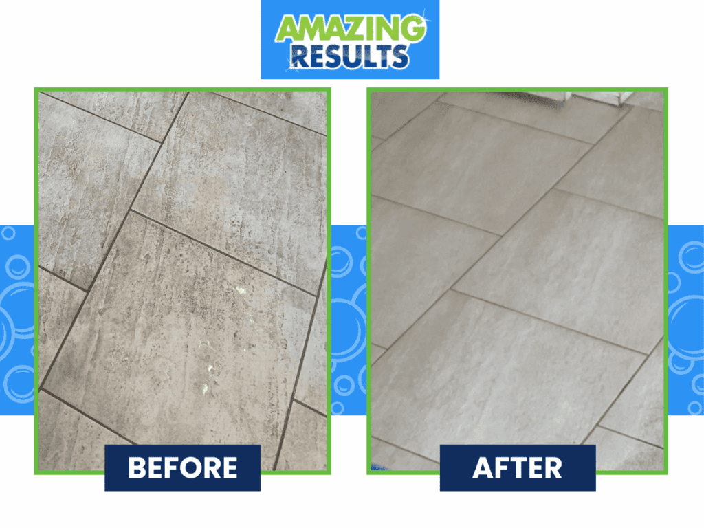 Tile and grout before and after branded image showing the professional cleaning abilities of Amazing Results in a Burlington home.